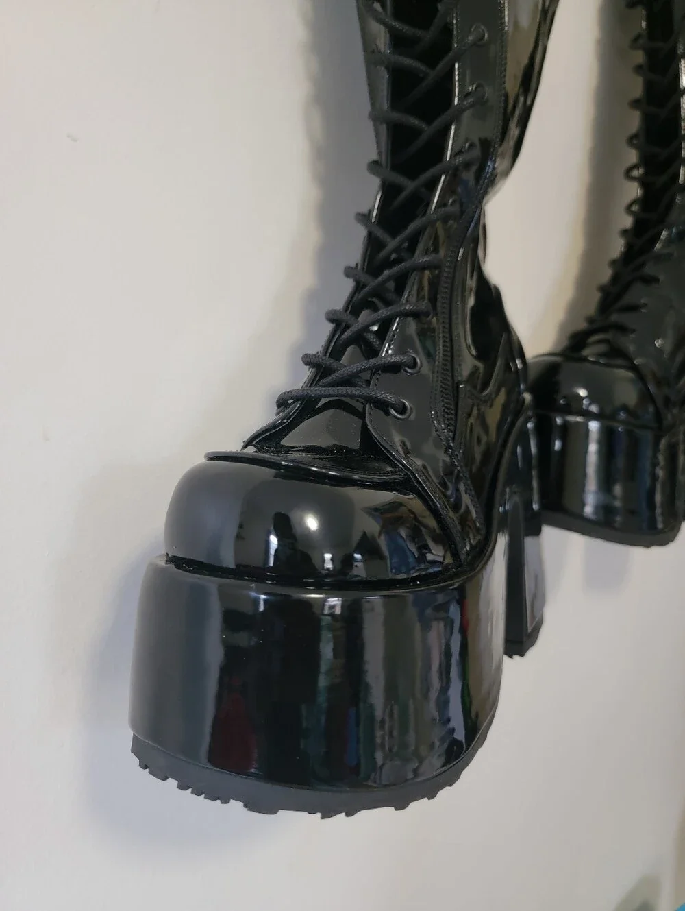 Demonia Camel 300wc High-Shine Black Patent Platform Knee-High Boots